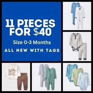 Baby Boy 11pc Bundle 0–3M Cloud Island & Carter’s Long Sleeve Onesies & Outfits